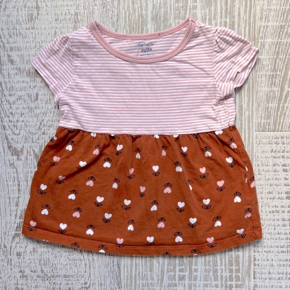 Carter's 3T Pink Stripe and Brown Heart Flowers Babydoll Top Short Sleeve